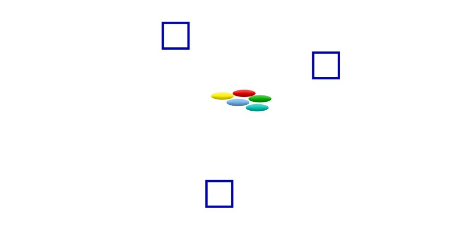 Three squares equidistant to each other, representing how the home bases should be placed. In the middle between them are 5 beanbags or objects.