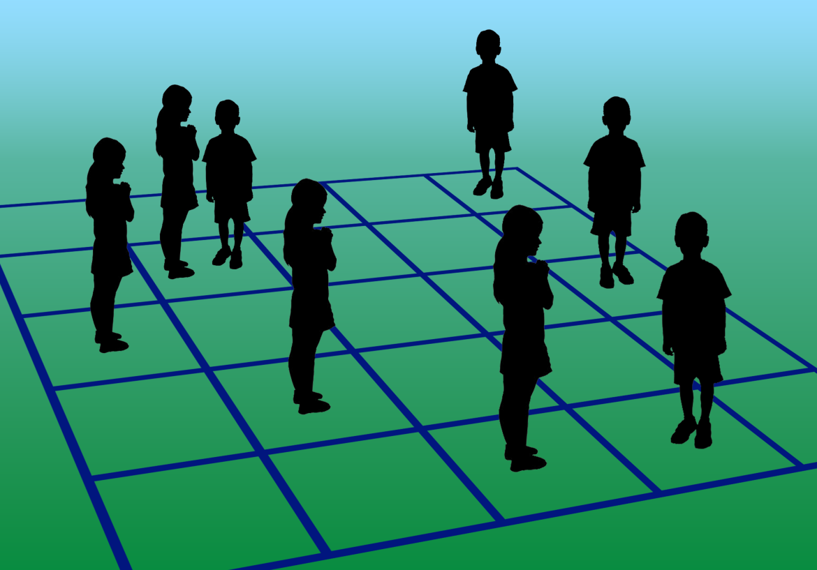 Graphic 5 by 5 grid on the ground. Sihouette of 8 children standing in various squares.