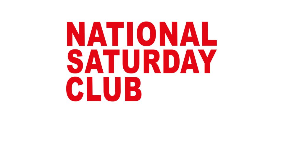National Saturday Club logo. Bold red text vertically left aligned.