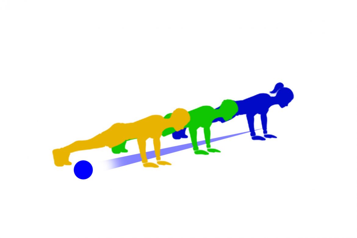 Three people in silhouette, in a press up position inline with a ball rolling under them.