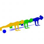 Three people in silhouette, in a press up position inline with a ball rolling under them.