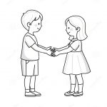 Monochrome line drawing of a young girl and boy facing each other, about to hold hands. AI image by Wisnu Hidayat