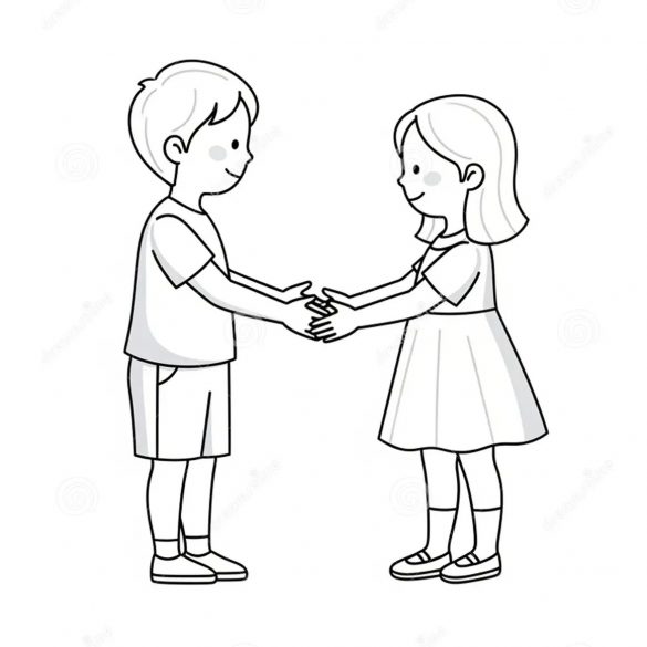 Monochrome line drawing of a young girl and boy facing each other, about to hold hands. AI image by Wisnu Hidayat