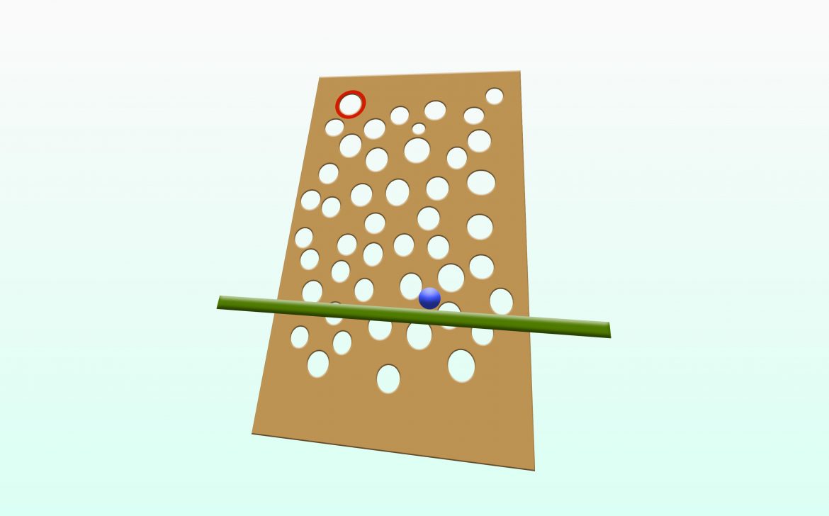 Very large piece of cardboard with large holes randomly placed. Ball being guided up to a target using a pool noodle.