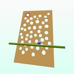 Very large piece of cardboard with large holes randomly placed. Ball being guided up to a target using a pool noodle.