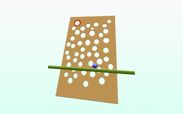 Very large piece of cardboard with large holes randomly placed. Ball being guided up to a target using a pool noodle.