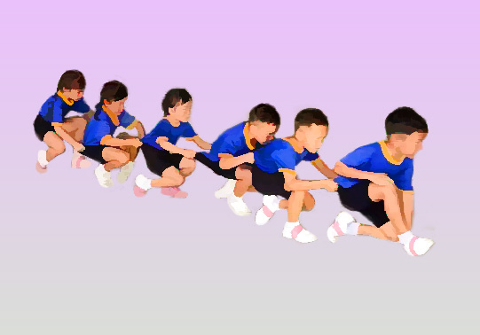 line of children crouched down behind each other holding the tail of the T-shirt of the child in front.