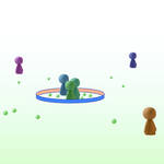 3 figures standing in a circular enclosure with slightly raised side. Other figures standing outside the enclose. Some small balls are inside the enclosure and others outside.