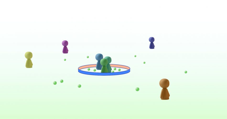 3 figures standing in a circular enclosure with slightly raised side. Other figures standing outside the enclose. Some small balls are inside the enclosure and others outside.