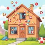 Cartoon style image of lots of balls coming out of a house.