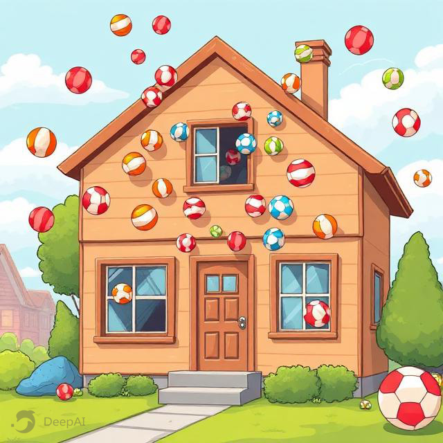 Cartoon style image of lots of balls coming out of a house.