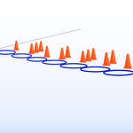 individuals lining up each holding a small ball. In front is line of 8 hoops lying on the ground. Each of the first 7 hoops has either 1, 2 or 3 cones beside it. Last hoop is further away and has a few of the small bals in it.