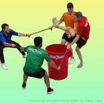 Photoshop image of a video frame of 4 men linked by rope around a dustbin, playing "Don't touch the can"