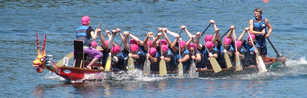 Photo of a Dragon boat (long canoe like boat) being paddled over water by 18 with paddles, 1 drummer and 1 steersman.