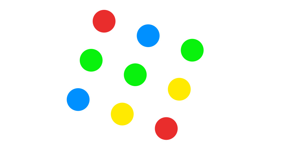 3 x 3 grid of coloured circles randomly in blue, red, green and yellow