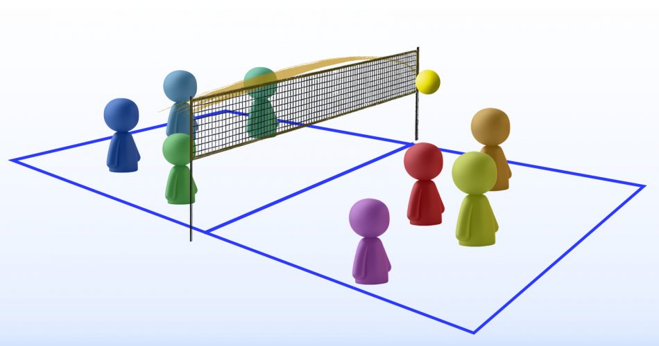 Graphic. 4 players per team on both sides of a court separated by a net. One team sending a large ball over net to the other side.